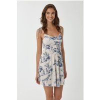 Toile-de-Jouy Mini-Kleid mit Bindeträgern