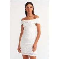 Schulterfreies Mini-Spitzenkleid mit Knotendetail