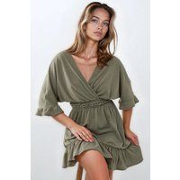 Strukturiertes V-Ausschnitt Mini-Kleid