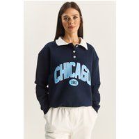 Oversize Chicago Grafik Polo-Sweatshirt