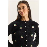 Bestickter flauschiger Cardigan mit Perlenknöpfen
