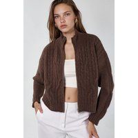 Kurzer Zopfstrick-Cardigan mit Reißverschluss