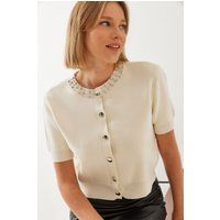 Verzierte kurzärmelige Crop-Strickjacke
