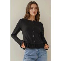 Gerippter Rundhals-Cardigan mit Rüschen