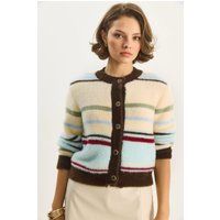 Gestreifter flauschiger Cardigan mit Rundhals