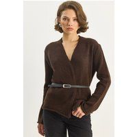 Strukturierter V-Ausschnitt Cardigan mit Gürtel