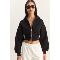 Kurzer Kapuzen-Zip-Sweater mit breitem Rippstrickbund