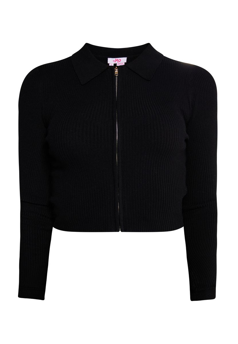 Kurzer gerippter Polo-Pullover mit Reißverschluss