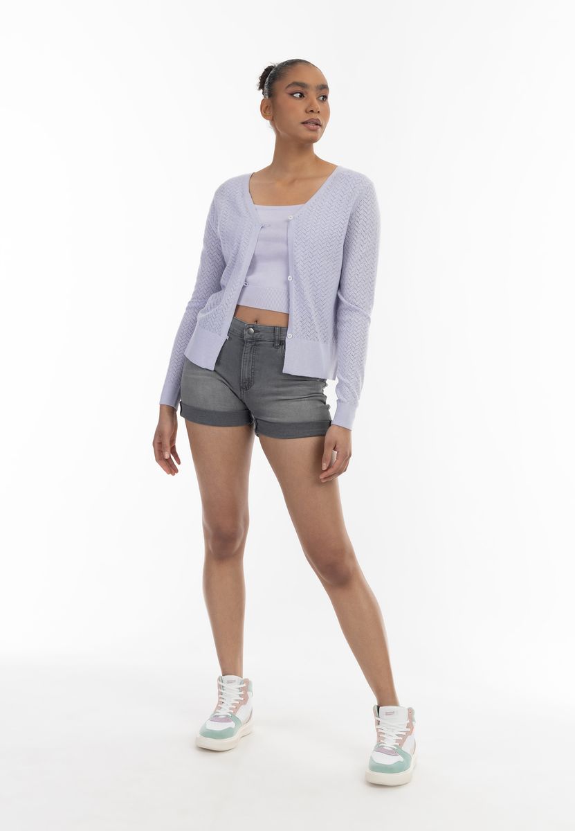 Pointelle-Strick Cardigan mit V-Ausschnitt