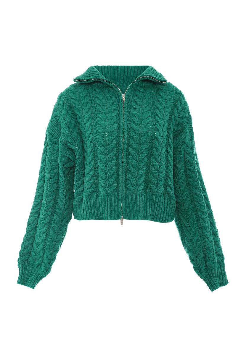 Grobstrickjacke mit Zopfmuster und Reißverschluss