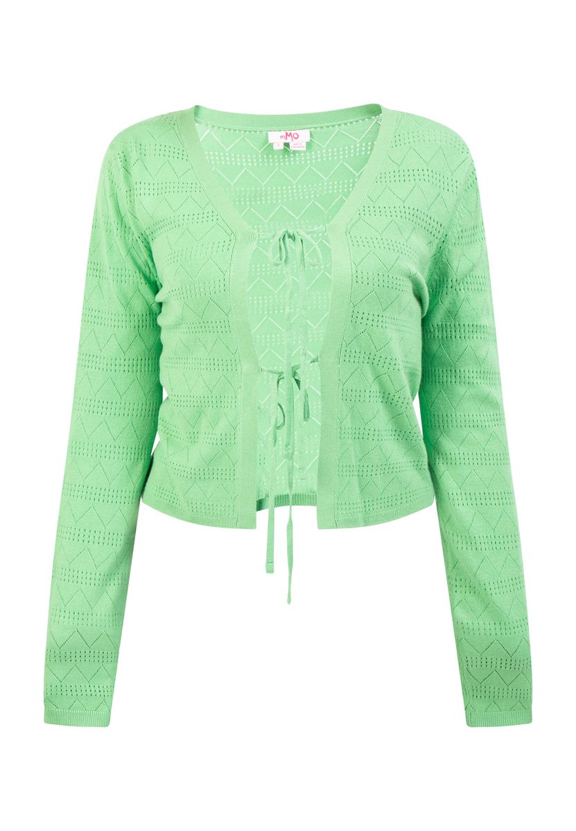 Kurzstrickjacke mit Lochmuster und Bindebändern