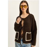 Strick-Cardigan mit Kontrastbesatz und Bindebändern