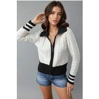 Zip-Cardigan mit Zopfmuster und Polokragen