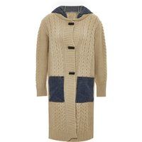 Langer Zopfstrick-Cardigan mit Denim-Details