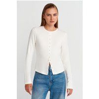 Gerippter Rundhals-Cardigan mit Knopfleiste