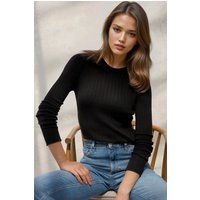Schmaler Rippstrick-Pullover mit Rundhalsausschnitt
