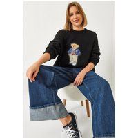 Oversized-Strickpullover mit Bären-Stickerei