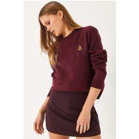 Bestickter Rundhals-Pullover mit Bärenmotiv