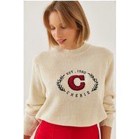 Bestickter College-Strickpullover mit Rundhalsausschnitt