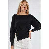 Asymmetrischer Rippstrick-Pullover mit Boot-Ausschnitt