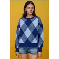 Oversize-Rundhalspullover mit Rautenmuster
