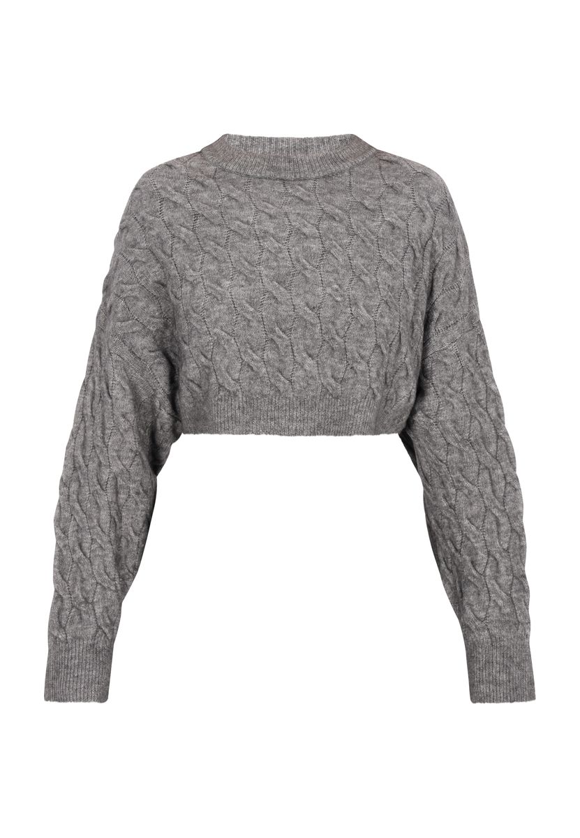 Kurzer Zopfstrickpullover mit Ballonärmeln