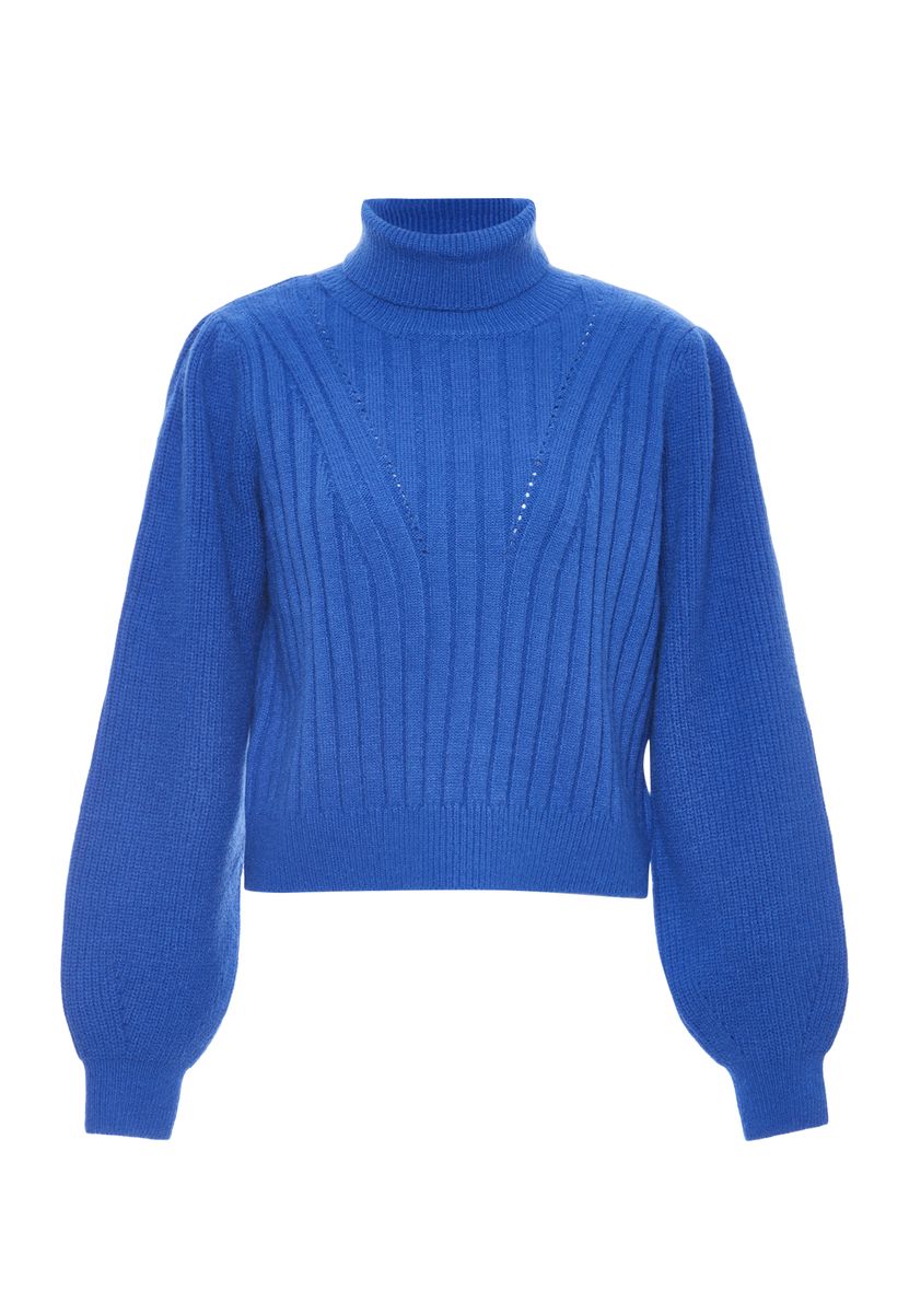 Rollkragenpullover mit Ballonärmeln und Rippenmuster