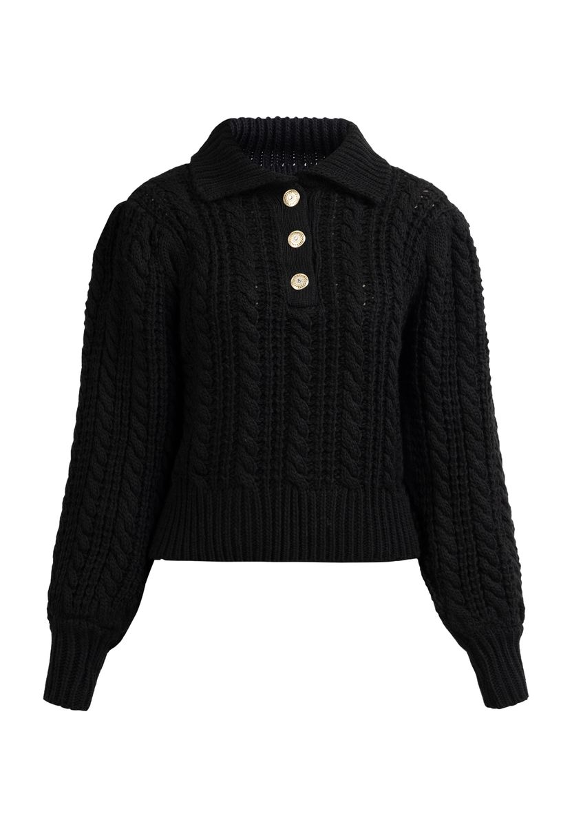 Zopfstrick-Polopullover mit verzierten Knöpfen