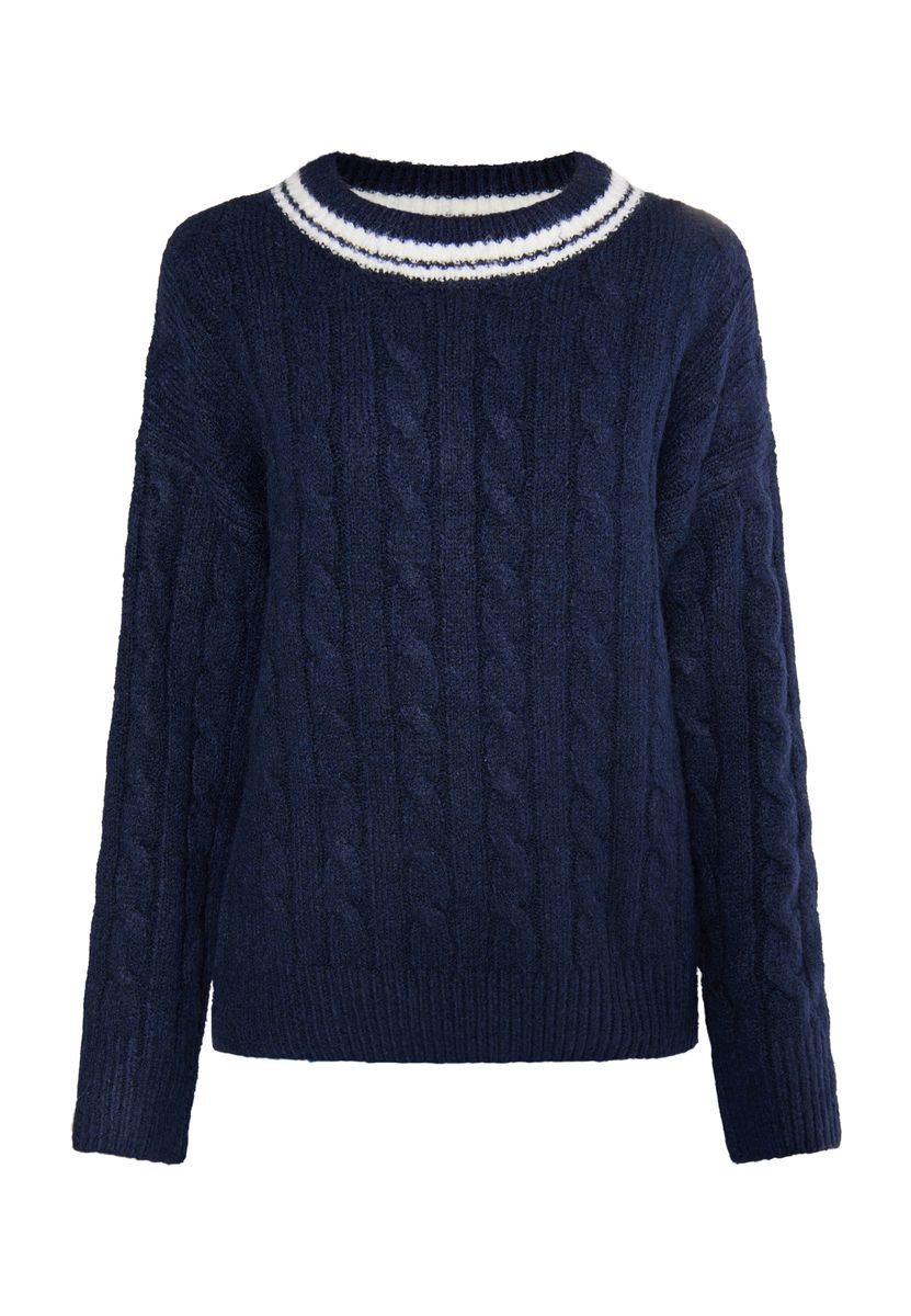Zopfmuster-Pullover mit gestreiftem Kragen
