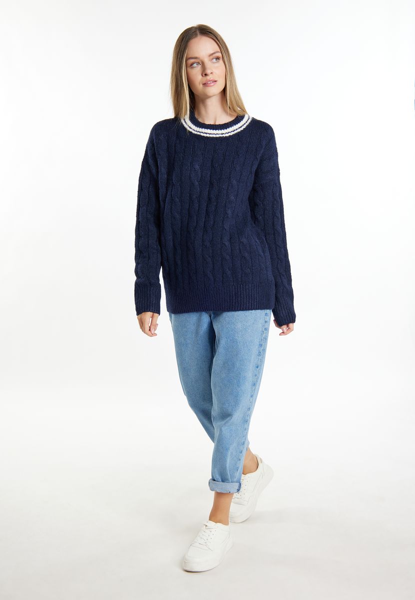 Zopfmuster-Pullover mit gestreiftem Kragen