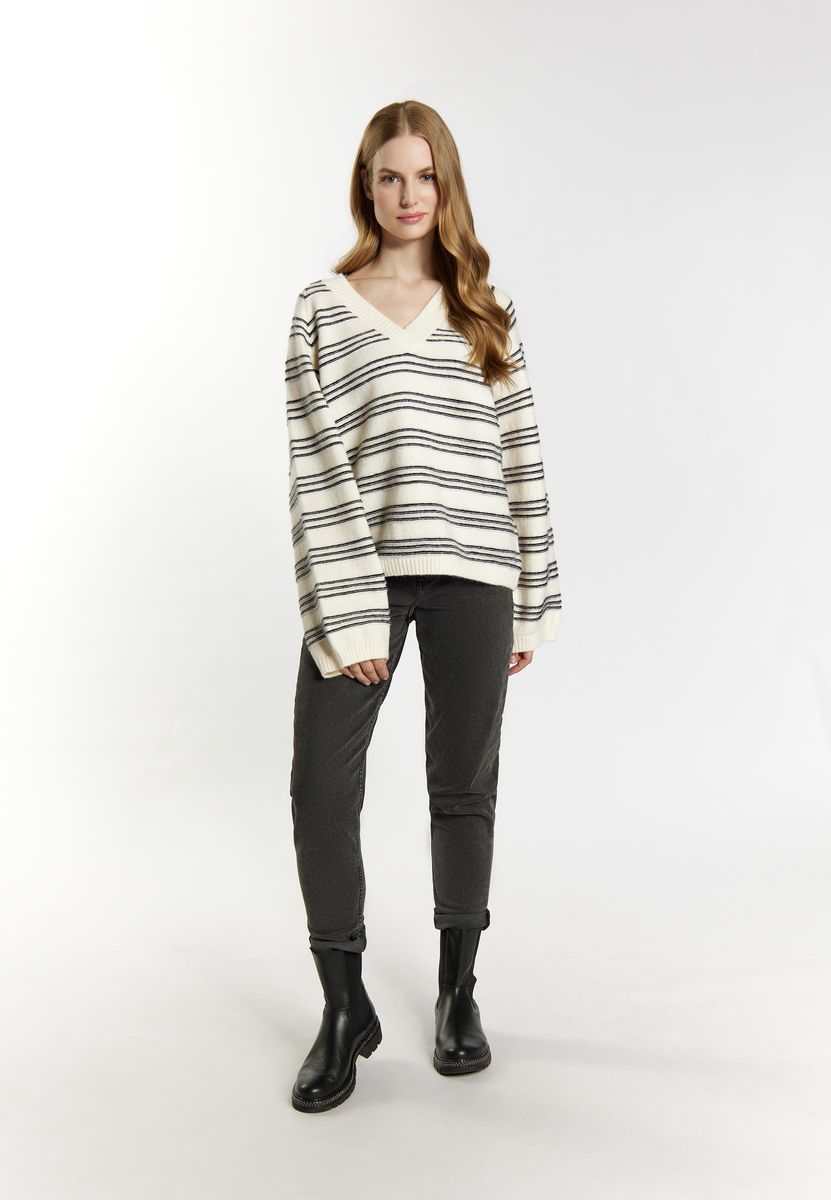 Gestreifter Strickpullover mit V-Ausschnitt