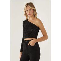 Einschultriges Glitzer-Strick-Crop-Top