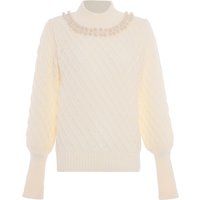 Perlenbesetzter Strickpullover mit Stehkragen