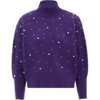 Perlenbesetzter Strickpullover mit Stehkragen