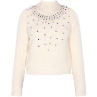 Flauschiger Stehkragenpullover mit Schmucksteinen