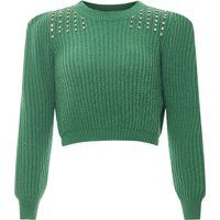 Verkürzter Rippstrick-Pullover mit Strasssteinen