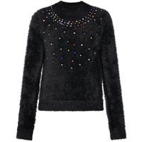 Verzierter flauschiger Strickpullover mit Rundhalsausschnitt