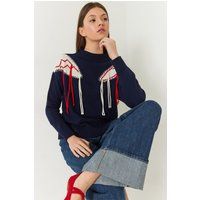Gemusterter Strickpullover mit Fransen-Detail