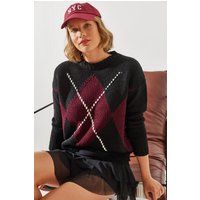 Geometrischer Argyle-Strickpullover mit Rundhalsausschnitt