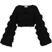 Kurzer Fransen-Strickpullover mit weiten Ärmeln