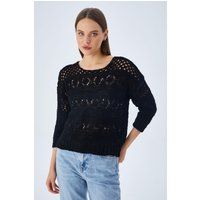 Strukturierter Lochstrickpullover mit Dreiviertelarm