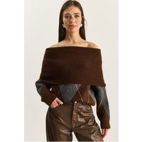 Off-Shoulder Argyle-Strickpullover