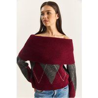Argyle Off-Shoulder Strickpullover