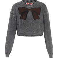 Kurzer Waffelstrick-Pullover mit Schleife