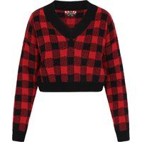 Kurzer V-Ausschnitt Strickpullover mit Karomuster