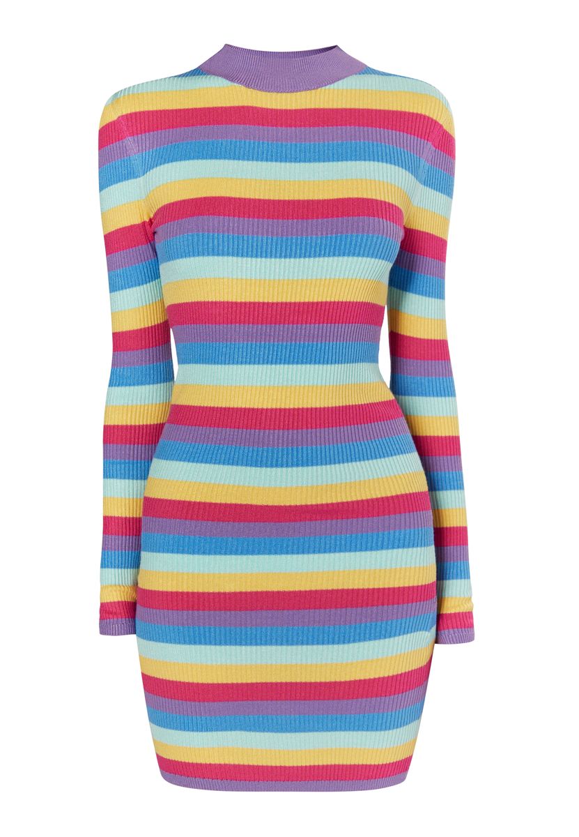 Farbenfrohes gestreiftes Strickkleid mit Stehkragen