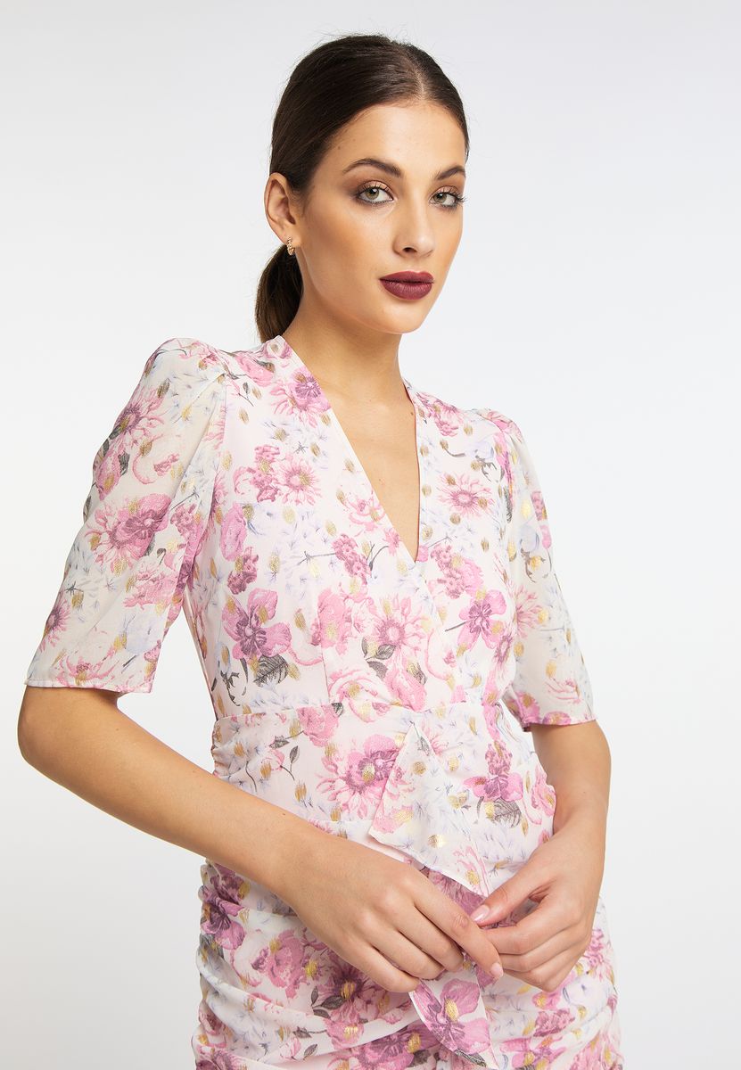 Geblümtes Drapiertes Minikleid mit Volants