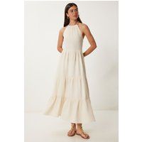 Gestuftes Halterneck-Maxikleid aus Baumwollmix