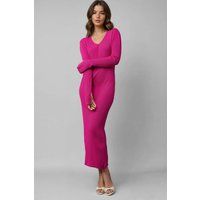 Geripptes Maxi-Strickkleid mit V-Ausschnitt