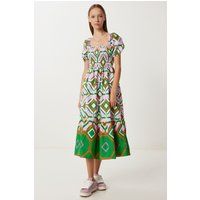 Midikleid mit geometrischem Print und Smok-Details